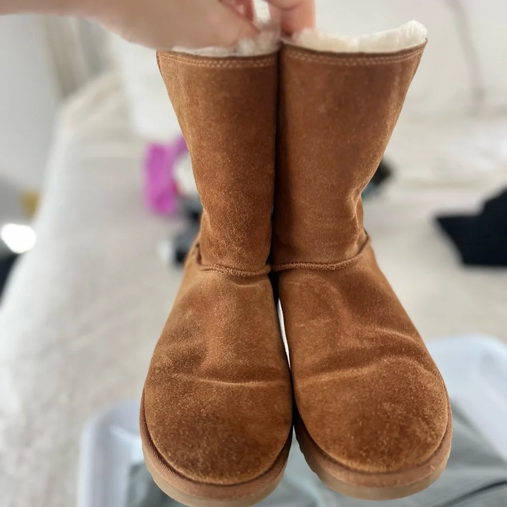 UGG Chestnut Brown Suede Short Boots with Chain Trim
